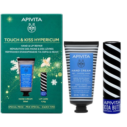 Apivita Promo Hand Cream for Dry - Chapped Hands Hypericum & Beeswax 50ml & Lip Care Spf20 Lip Balm 4.4g - Cocoa Butter