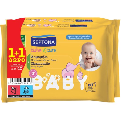 Septona Promo Calm n\' Care Chamomile Baby Wipes 40 Τεμάχια (2x20 Τεμάχια)