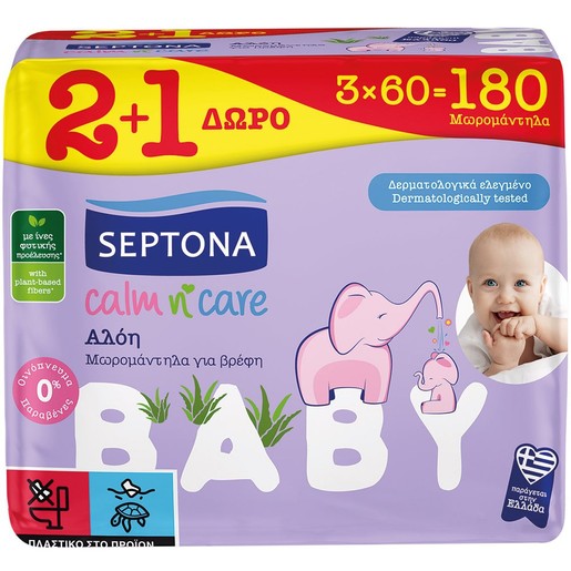 Septona Promo Baby Calm n\' Care Aloe Baby Wipes 180 Τεμάχια (3x60 Τεμάχια)
