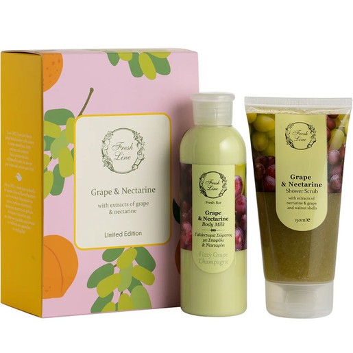Fresh Line Promo Grape & Nectarine Shower Scrub 150ml & Fresh Bar Grape & Nectarine Body Milk Fizzy Grape Champagne 200ml