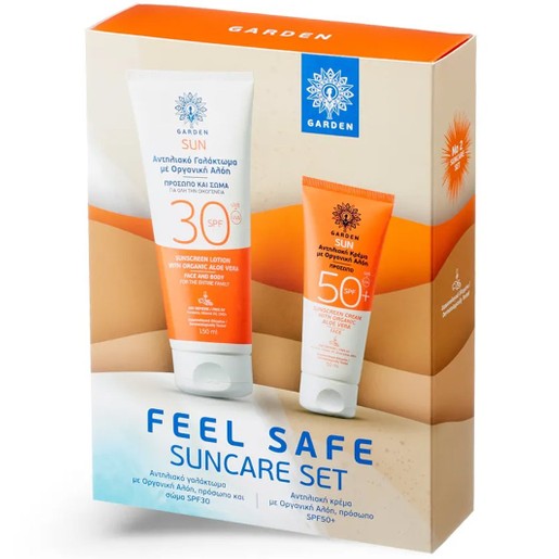 Garden Promo Feel Safe Suncare Set with Organic Aloe Vera Sunscreen Lotion Spf30 for Face & Body 150ml & Sunscreen Face Cream Spf50+, 50ml