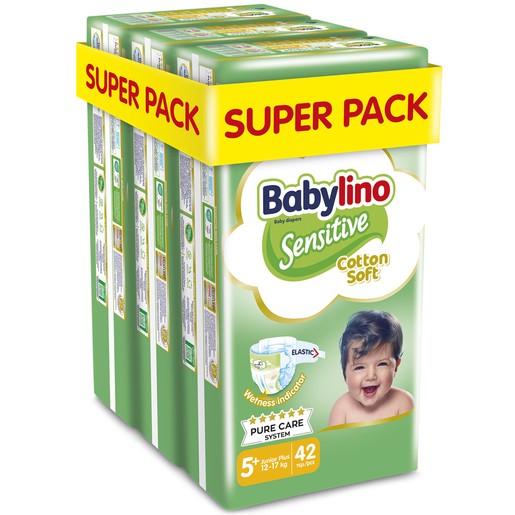 Σετ Babylino Sensitive Cotton Soft Junior Plus Νο5+ (12-17kg) 126 Τεμάχια (3x42 Τεμάχια)