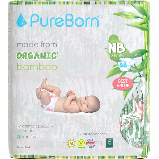 PureBorn Organic Bamboo Unisex Nappies New Born (up to 5 kg) 68 Τεμάχια - Tropic