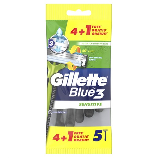 Gillette Blue3 Sensitive Men\'s Disposable Razors 5 Τεμάχια Gillette Blue3 Sensitive Men\'s Disposable Razors 5 Τεμάχια