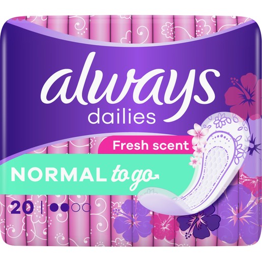Always Dailies Singles to go Fresh Scent Normal Λεπτά, Διακριτικά Σερβιετάκια για Φρεσκάδα που Διαρκεί 20 Τεμάχια Always Dailies Singles to go Fresh Scent Normal Λεπτά, Διακριτικά Σερβιετάκια για Φρεσκάδα που Διαρκεί 20 Τεμάχια