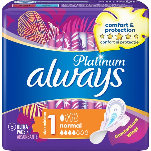 Always Platinum Sanitary Towels with Comfort Lock Wings Size 1, 8 Τεμάχια