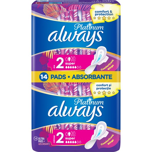 Always Platinum Sanitary Towels with Comfort Lock Wings Size 2, 14 Τεμάχια