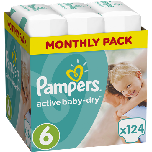 Pampers Active Baby Dry Monthly Pack No6 (15+kg) 124 πάνες, μόνο 0,24€ / πάνα Pampers Active Baby Dry Monthly Pack No6 (15+kg) 124 πάνες, μόνο 0,24€ / πάνα