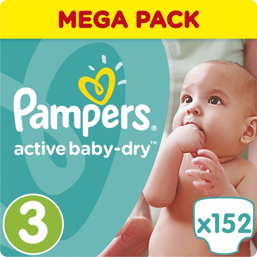 Pampers Active Baby Dry Mega Pack No3 (5-9kg) 152 πάνες, μόνο 0,17€ / πάνα Pampers Active Baby Dry Mega Pack No3 (5-9kg) 152 πάνες, μόνο 0,17€ / πάνα