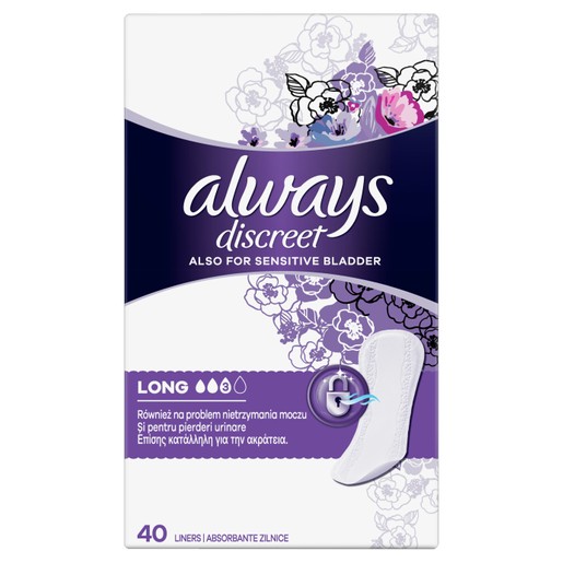 Always Discreet Liners Long Σερβιετάκια για την Ακράτεια 40 Τεμάχια Always Discreet Liners Long Σερβιετάκια για την Ακράτεια 40 Τεμάχια