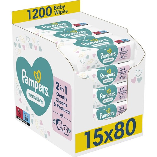 Pampers Sensitive Super Pack Baby Wipes 1200 Τεμάχια (15x80 Τεμάχια)
