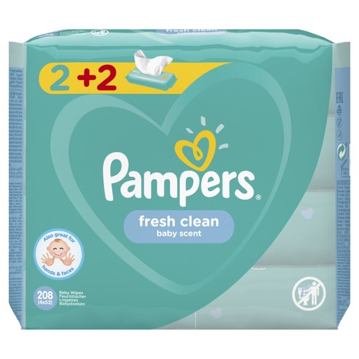 Pampers Πακέτο Προσφοράς Fresh Clean Wipes Μωρομάντηλα με Άρωμα Φρεσκάδας 4x52 Wipes 2+2 Δώρο Pampers Πακέτο Προσφοράς Fresh Clean Wipes Μωρομάντηλα με Άρωμα Φρεσκάδας 4x52 Wipes 2+2 Δώρο