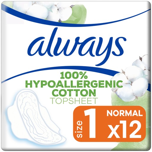 Always Cotton Protection Normal Σερβιέτες με Φτερά & Κάλυμμα από 100% Οργανικό Βαμβάκι για Κανονική Ροή 12 Pads Always Cotton Protection Normal Σερβιέτες με Φτερά & Κάλυμμα από 100% Οργανικό Βαμβάκι για Κανονική Ροή 12 Pads