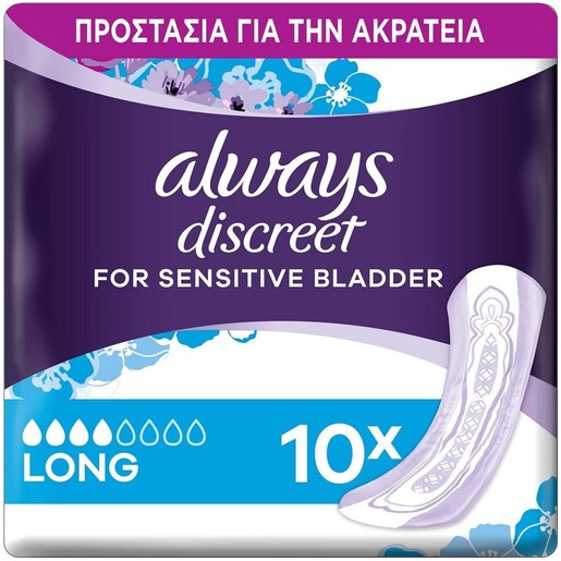 Always Discreet Long Pads Μέγεθος 4, Σερβιέτες Ακράτειας για Μεγάλη Ροή 10 Τεμάχια Always Discreet Long Pads Μέγεθος 4, Σερβιέτες Ακράτειας για Μεγάλη Ροή 10 Τεμάχια