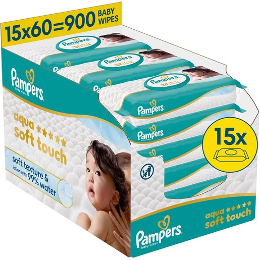Pampers Aqua Soft Touch Baby Wipes 900 Τεμάχια (15x60 Τεμάχια)