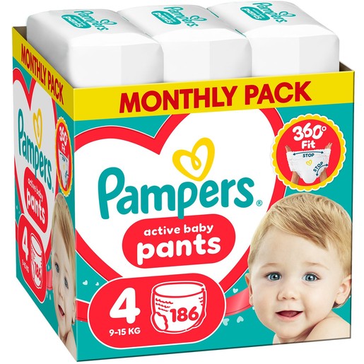 Pampers Active Baby Pants Monthly Pack Νο4 (9-15kg) Πάνες Βρακάκι 186 Πάνες