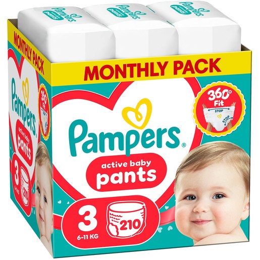 Pampers Active Baby Pants Monthly Pack No3 (6-11kg) Πάνες Βρακάκι 210 Πάνες