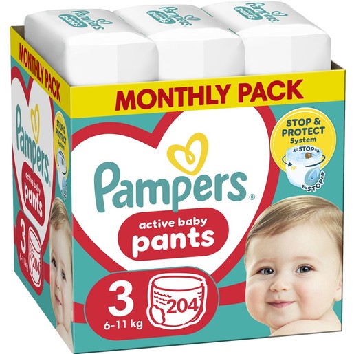 Pampers Active Baby Pants Monthly Pack No3 (6-11kg) Πάνες Βρακάκι 204 Πάνες