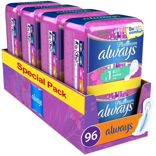 Always Promo Multi-Pack Platinum Sanitary Towels with Comfort Lock Wings Size 1, 96 Τεμάχια