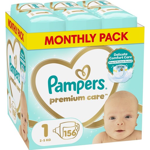 Pampers Premium Care Monthly Pack Νο1 (2-5kg) 156 Τεμάχια (3x52 Τεμάχια)