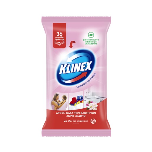 Klinex Υγρά Βιοδιασπώμενα Απολυμαντικά Πανάκια με Άρωμα Λουλουδιών 36 Τεμάχια Klinex Υγρά Βιοδιασπώμενα Απολυμαντικά Πανάκια με Άρωμα Λουλουδιών 36 Τεμάχια