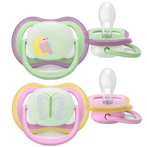Philips Avent Ultra Air Nighttime Silicone Soother 6-18m Κωδ SCF376/29, 2 Τεμάχια Λαχανί - Ροζ