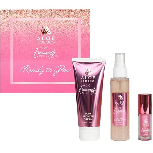 Aloe Colors X Emmanouela Cosmetics Promo Body Bronzer Cream 100ml & Glow - Glitter Spray 100ml & Lip Oil 30ml