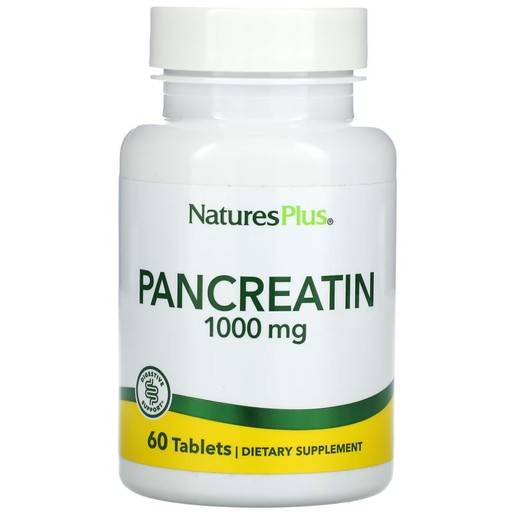 Natures Plus Pancreatin 1000mg Συμπλήρωμα Πανγκρεατίνης, Βοηθά στην Πέψη Πρωτεϊνών, Υδατανθράκων & Λιπών 60tabs