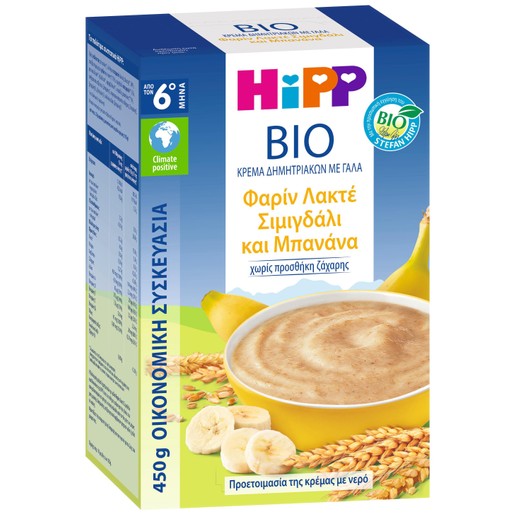 Hipp Bio Κρέμα Δημητριακών με Γάλα Φαρίν Λακτέ, Σιμιγδάλι & Μπανάνα από τον 6ο Μήνα 450gr