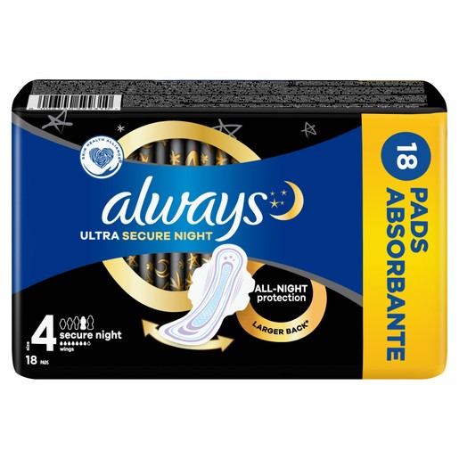 Always Ultra Secure Night Sanitary Towels with Wings Size 4, 18 Τεμάχια