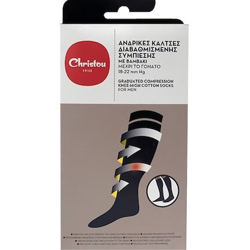 Christou Graduated Compression Knee-High Cotton Socks for Men CH-017 18-22mm Hg Black 1 Ζευγάρι XLarge 45-47