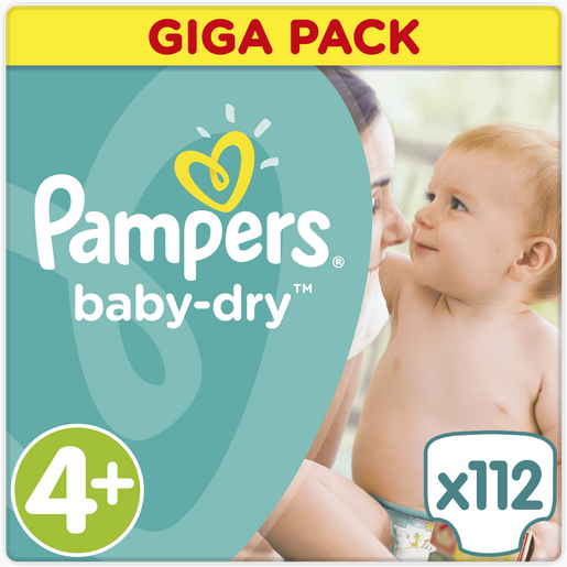 Pampers Baby Dry Giga Pack No4+ Maxi Plus (9-20kg), 112 πάνες, Μόνο 0,28€ / πάνα Pampers Baby Dry Giga Pack No4+ Maxi Plus (9-20kg), 112 πάνες, Μόνο 0,28€ / πάνα