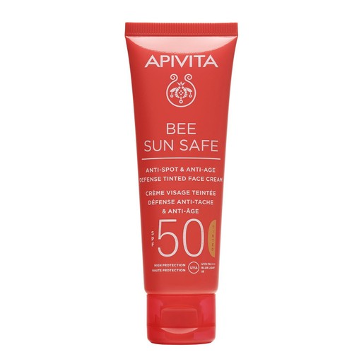 Apivita Bee Sun Safe Anti-Spot & Anti-Age Defence Tinted Face Cream With Marine Algae & Propolis Spf50, Velvet Texture 50ml