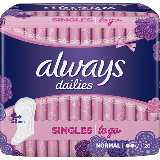 Always Dailies Singles to go Normal Λεπτά, Διακριτικά Σερβιετάκια 20 Τεμάχια Always Dailies Singles to go Normal Λεπτά, Διακριτικά Σερβιετάκια 20 Τεμάχια