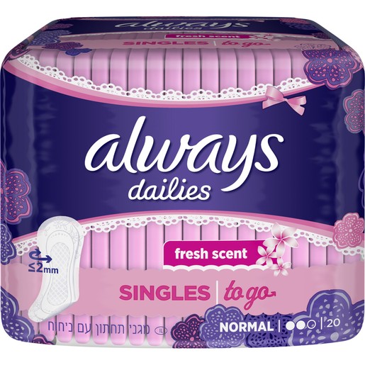 Always Dailies Singles to go Fresh Scent Normal Λεπτά, Διακριτικά Σερβιετάκια για Φρεσκάδα που Διαρκεί 20 Τεμάχια Always Dailies Singles to go Fresh Scent Normal Λεπτά, Διακριτικά Σερβιετάκια για Φρεσκάδα που Διαρκεί 20 Τεμάχια