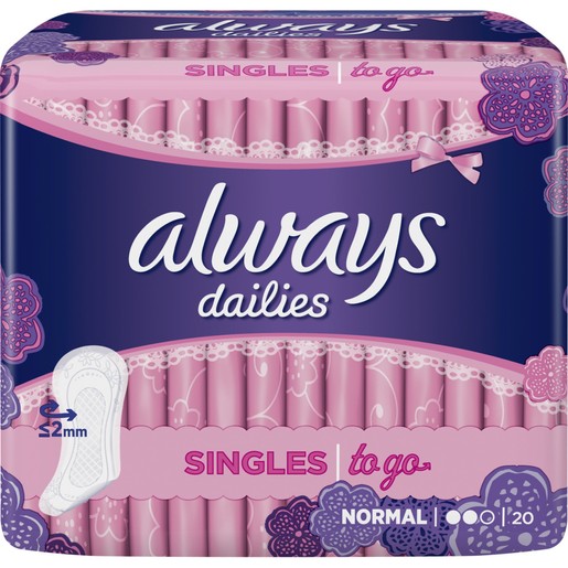 Always Dailies Singles to go Normal Λεπτά, Διακριτικά Σερβιετάκια 20 Τεμάχια Always Dailies Singles to go Normal Λεπτά, Διακριτικά Σερβιετάκια 20 Τεμάχια