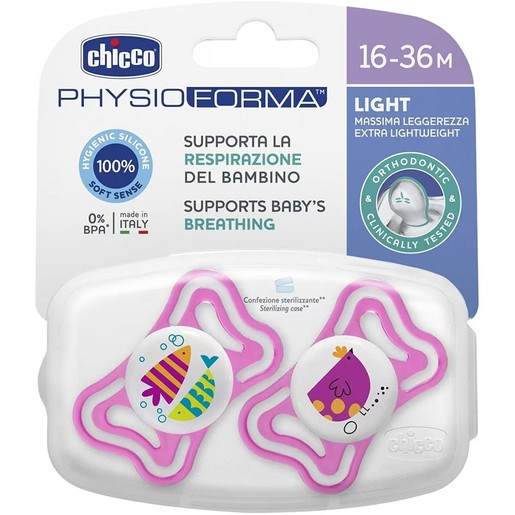 Chicco Physio Forma Light Silicone Soother 18-36m, 2 Τεμάχια Ροζ - Ροζ 