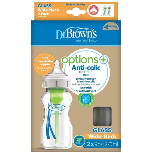 Dr. Brown\'s Natural Flow Options+ Γυάλινο Μπιμπερό Με Φαρδύ Λαιμό 270ml 2τμχ Dr. Brown\'s Natural Flow Options+ Γυάλινο Μπιμπερό Με Φαρδύ Λαιμό 270ml 2τμχ