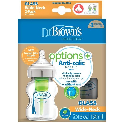Dr.Brown\'s Natural Flow Options+ Μπιμπερό Γυάλινο Αντικολικό με Φαρδύ Λαιμό Θηλή Σιλικόνης 0m+, 2x150ml Dr.Brown\'s Natural Flow Options+ Μπιμπερό Γυάλινο Αντικολικό με Φαρδύ Λαιμό Θηλή Σιλικόνης 0m+, 2x150ml