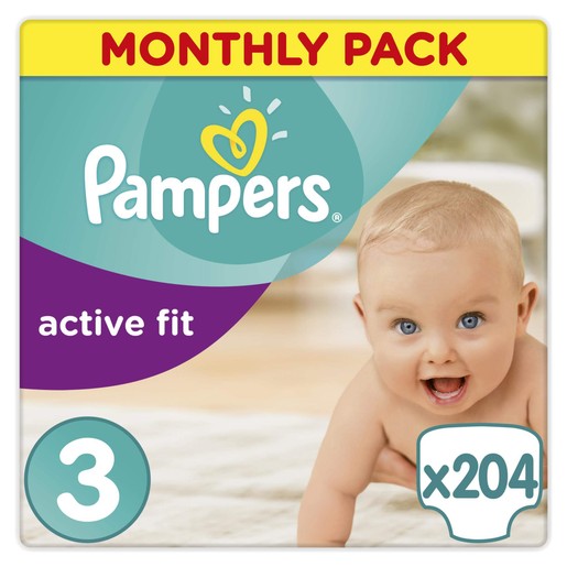 Pampers Active Fit Monthly Pack No3 Midi (4-9kg), 204 πάνες, μόνο 0,24€ / πάνα Pampers Active Fit Monthly Pack No3 Midi (4-9kg), 204 πάνες, μόνο 0,24€ / πάνα
