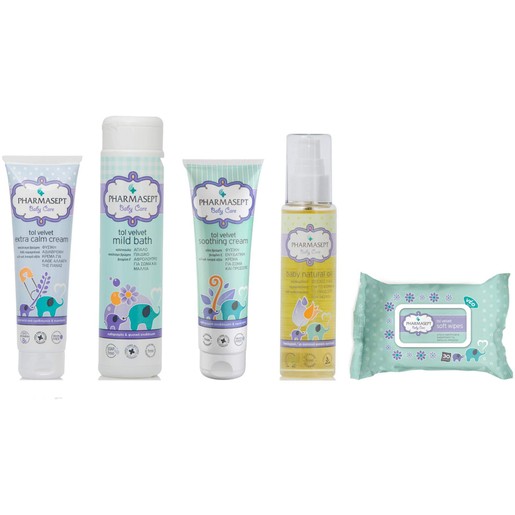 Pharmasept Σειρά Περιποίησης Μωρού Baby Cream 150ml & Mild Bath 300ml & Soothing Cream 150ml & Natural Oil 100ml & Wipes 30Τμχ Pharmasept Σειρά Περιποίησης Μωρού Baby Cream 150ml & Mild Bath 300ml & Soothing Cream 150ml & Natural Oil 100ml & Wipes 30Τμχ