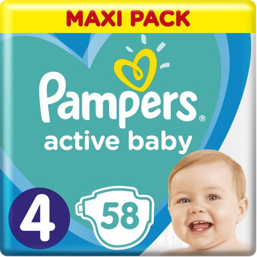 Pampers Active Baby Πάνες Maxi Pack No4 (9-14 kg), 58 Πάνες Pampers Active Baby Πάνες Maxi Pack No4 (9-14 kg), 58 Πάνες