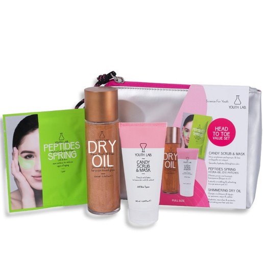 Youth Lab Head to Toe Value Set Shimmering Dry Oil 100 ml, Candy Scrub Mask 50ml & Peptides Spring Hydra-Gel Eye Patches 1 pair Youth Lab Head to Toe Value Set Shimmering Dry Oil 100 ml, Candy Scrub Mask 50ml & Peptides Spring Hydra-Gel Eye Patches 1 pair