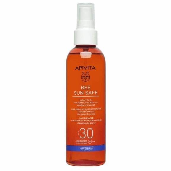 Apivita Bee Sun Safe Satin Touch Tan Perfecting Body Oil With Sunflower & Carrot Spf30, 200ml Apivita Bee Sun Safe Satin Touch Tan Perfecting Body Oil With Sunflower & Carrot Spf30, 200ml