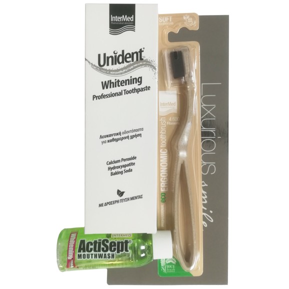 Intermed Promo Luxurious Smile Kit Unident Whitening Toothpaste 100ml, Actisept Whitening Mouthwash 60ml, Eco Ergonomic Soft Toothbrush 1 Τεμάχιο & Δώρο Νεσεσέρ Intermed Promo Luxurious Smile Kit Unident Whitening Toothpaste 100ml, Actisept Whitening Mouthwash 60ml, Eco Ergonomic Soft Toothbrush 1 Τεμάχιο & Δώρο Νεσεσέρ