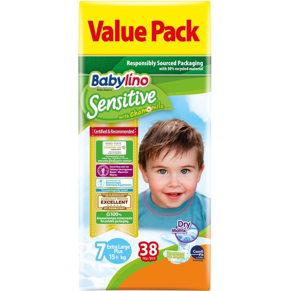 Δώρο Babylino Sensitive Value Pack Extra Large Plus Νο7 (15+ kg) Παιδικές Πάνες 38 τεμάχια