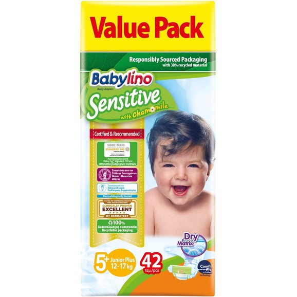 Δώρο Babylino Sensitive Value Pack Junior Plus Νο5+ (12-17kg) Παιδικές Πάνες 42 τεμάχια