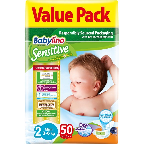Δώρο Babylino Sensitive Value Pack Mini Νο2 (3-6kg) Βρεφικές Πάνες 50 τεμάχια