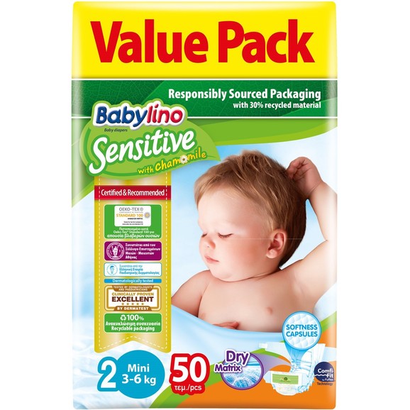 Δώρο Babylino Sensitive Value Pack Mini Νο2 (3-6kg) Βρεφικές Πάνες 50 τεμάχια