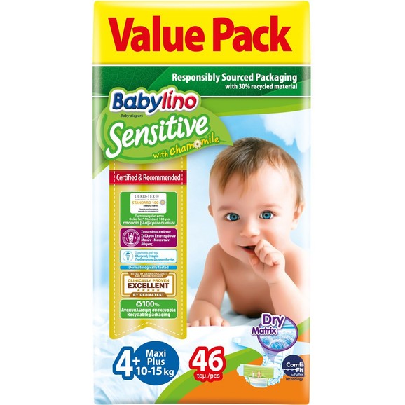 Δώρο Babylino Sensitive Value Pack Maxi Plus Νο4+ (10-15kg) Βρεφικές Πάνες 46 τεμάχια